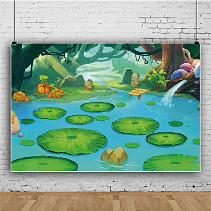 7x5ft Vinyl Lotus Leaves Backdrop Fairytale Lake Water Lily Lotus Leaf Duck Pond Rocks Background for Photography Kids Baby Birthday Party Decorations Photo Studio Props - size: 7x5ft