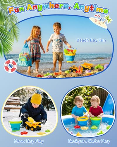 30PCS Beach Toys for Kids Ages 3-10, All-in-One Sand Toys Set with 2 Collapsible Buckets, Shovels, Trucks & Molds, Keep Kids Busy for Hours - Easy to Carry for Beach Travel Sandbox Play