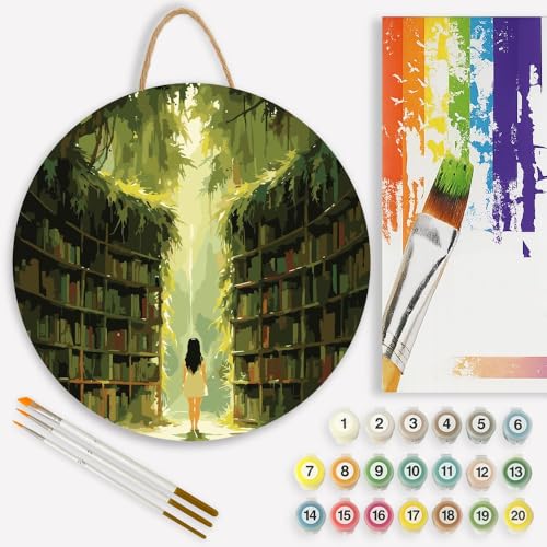 Dreamy Scene Paint by Numbers Kit for Adults on Wood Board – DIY Girl in Enchanted Forest Library Wood Craft Painting Kit, 12 in Round, Acrylic Paint Set, Beginner-Friendly, Relaxing Home Decor Gift - color: FM04511-12 IN Round Wood