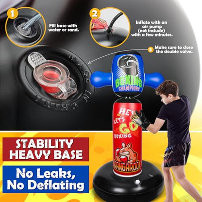 Punching Bag for Kids with 360° Rotating Head, Hyperzoo 63" Heavy-Duty Inflatable Boxing Bag with Glove, Freestanding Punching Bag Toy for Boys & Girls Ages 5–12 – Great - style: Kangaroo