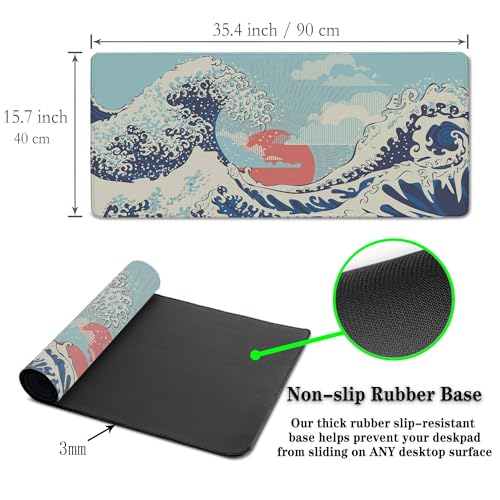 Extra Large Mouse Pad Blue XXL Mousepad, Big Mouse Pads Office Desk Mats, Desk Pad Mat Waterproof Non-Slip Rubber Base, 35.4 X 15.7 inch for Work/Game/Office/Home Japanese Great Wave Art - color: Japanese Great Wave Art