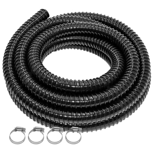 Pond Tubing 1" 20FT Length, Black Corrugated Flexible Reinforced PVC Hose for Pond Pump Fountain Garden Waterfall with 4 Stainless Clamps ﻿