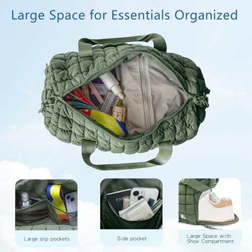 Quilted Gym Bag for Women,Duffle Bag for Travel with Wet Pocket,Carry on Weekender Bags for Women,Travel Bag with Shoe Compartment(Green) - color: Green