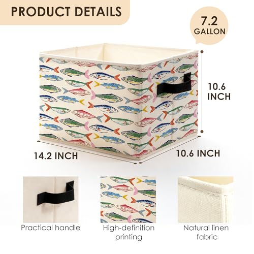 Colorful Fish Coastal Beach Storage Bins Box with Handles, Nautical Ocean Seafood Sardines Fish Foldable Basket Toybox for Kids Nursery Bedroom Bathroom Home Clothes Toys Books