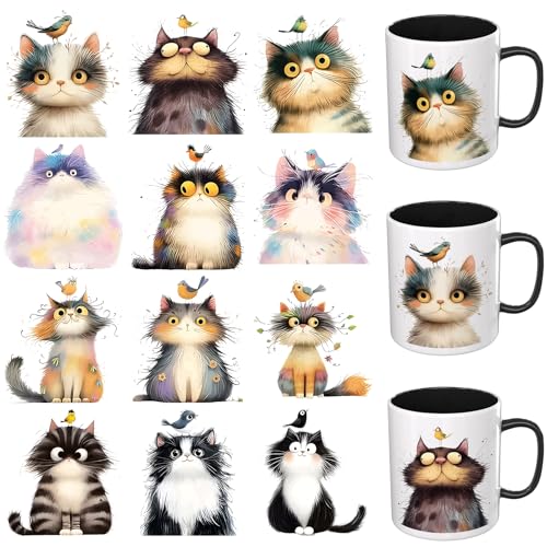 12 PCS UV DTF Cup Wrap Stickers, Frazzled Cat Rub on Transfers for Crafts, Permanent DIY Transfer Decals for 16oz Libbey Glass Cans, Mugs, Candles, Easy to Apply Art Stickers - style: Frazzled Cat