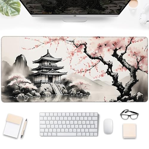 Desk Mat, Watercolor Cherry Blossom and Temple Large Extended Gaming Mouse Pad,Waterproof Non-Slip Rubber Base and Stitched Edges Desk Pad for Work Game Office Home 35.4x15.7in - color: Colour8