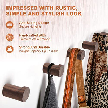 bsdonte Wood Wall Hooks 6 Pack, Natural Wooden Coat Hooks Wall Mounted, Handmade Rustic Hat Hooks Heavy Duty Entryway Wall Hangers for Hanging Towels, Clothes, Bags (Black Walnut Wood) - color: Walnut, size: 6 Pack
