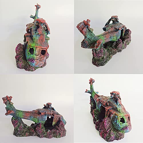 Helicopter Ruins Landscaping Fish Shrimp Shelter Resin Stone Tank Decoration for Turtles