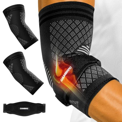 CAMBIVO 2 Elbow Sleeves and 1 Tennis Elbow Strap Set for Tendonitis Relief - color: Black(2Pcs Elbow Sleeve+1Pcs Elbow Strap), size: Medium