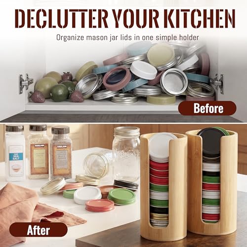 Mason Jar Lid Organizer 2 Pack Bamboo Lid Storage Holder for Regular and Wide Mouth Canning Lids Stackable Kitchen Pantry Organizer