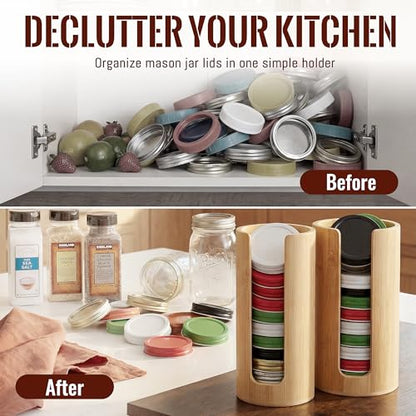 Mason Jar Lid Organizer 2 Pack Bamboo Lid Storage Holder for Regular and Wide Mouth Canning Lids Stackable Kitchen Pantry Organizer