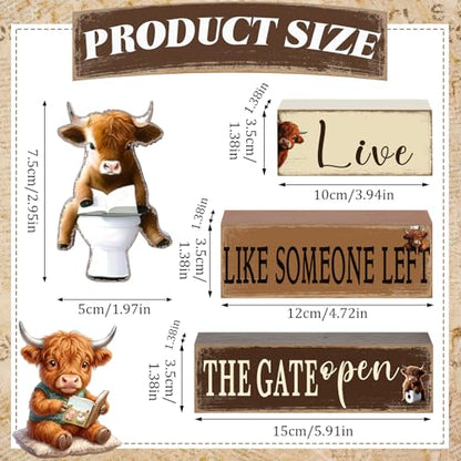 4 Pcs Highland Cow Bathroom Decorations Bathroom Wooden Table Centerpiece Blocks Highland Cow Tiered Tray Decor Live Like Someone Left The Gate Open Sign for Indoor Home Desk Room Shelf Decor - style: Highland Cow