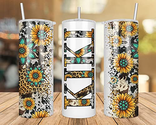 QPTADesignGift Kiki Sunflower Turquoise Gemstone And Leopard - Kiki Skinny Tumbler Cowhide Distressed Tumbler - Western Tumbler 20Oz Skinny Tumbler - Kiki Gift, White