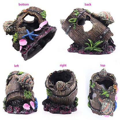 Small Cute Barrel Fish Tank Decorations Aquarium Hideaway Cave House with Shell