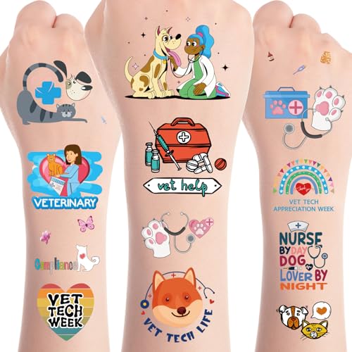 8 Sheets Vet Tech Week 200+ Temporary Tattoos Veterinarians Day Party Decorations Veterinary Technician Theme Temporary Tattoos Party Favors Supplies Prizes Rewards - color: Vet Tech Week
