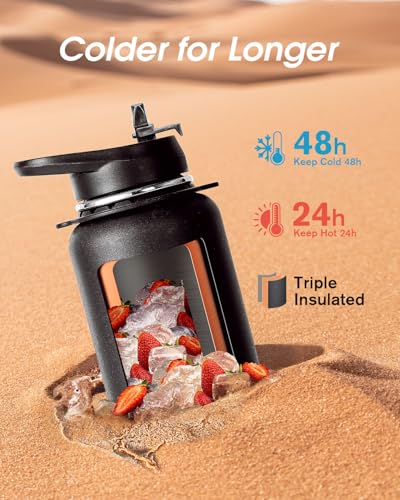 Coolflask 32 oz Water Bottle Insulated Stainless Steel with Strap - color: Magic Black, size: 32 Ounces