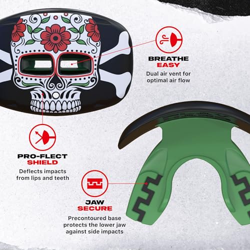 SAFEJAWZ Lip Guard, Football Mouth Guard with Detachable Strap - color: Skull