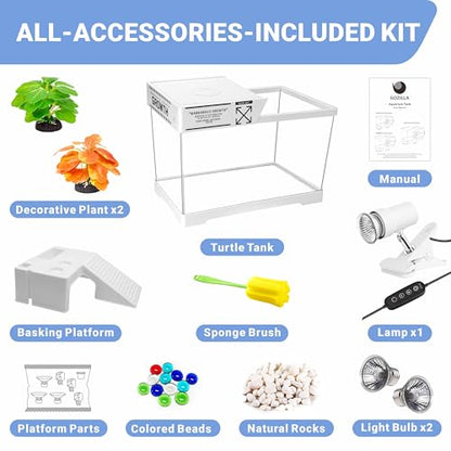 GOZILLA Mini Turtle Tank Kit with Adjustable Lamp, Upgrade PC Hermit Crab Tank,Small Turtle/Hermit Crab Starter Kit with Lid, Hideout Platform for Baby Turtles, Crabs, Fish.(11.8×7.24×7.1''/White Kit) - color: Mini-White02