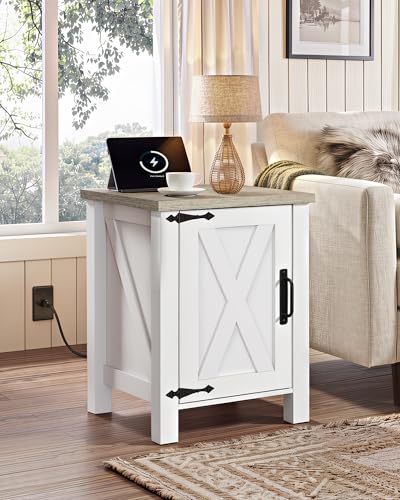 WLIVE White Farmhouse Nightstand with Charging Station, End Table with Barn Door and Adjustable Storage Shelf, Rustic Wood Night Stand, 18" Modern Bedside Table for Bedroom, White - color: White