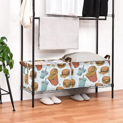Ollabaky Collapsible Rectangular Closet Storage Bin Retro French Fries Drink and Hamburgers Shelf Basket Box with Leather Handles - Storage Cube, Nursery Storage, Laundry Hamper