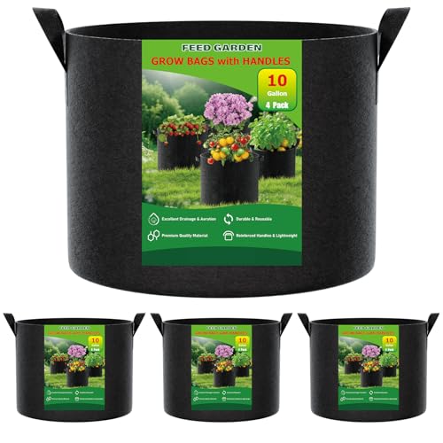 10 Gallon Grow Bags 4 Pack – 300G Thickened Fabric Plant Pots with Reinforced Handles, Breathable Drainage Planters for Vegetables, Tomatoes, Herbs, Indoor & Outdoor Gardening