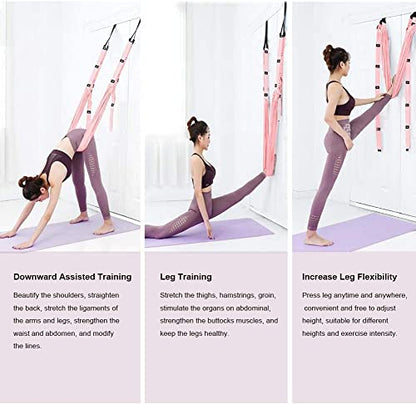 Yoga Stretching Strap, Adjustable Height Leg Stretcher Waist Back Stretch Band Aerial Yoga, Anti-gravity Inversion Exercises Door Flexibility Tensile Trainer for Rehab Pilates Dance Splits (Pink)