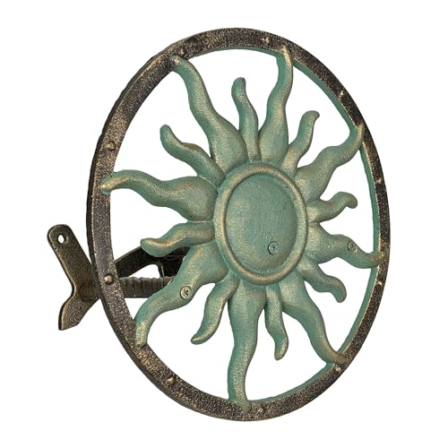 Zeckos Decorative Sun Cast Iron Hose Holder Verdigris & Bronze Finish, 11.5 in Heavy Duty Wall Mount Hose Reel, Outdoor Garden Storage Rack for Patio, Lawn, Yard, Weather Resistant, Hardware Included - color: Sun - Green