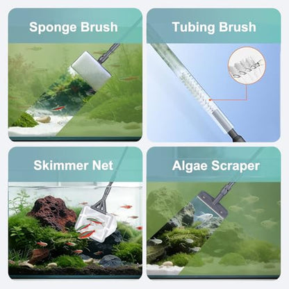 7IN1 Aquarium Cleaning Tools Long Handle Adjustable Length 18~24Inch Fish Tank Cleaner Kit Algae Scraper Scrubber Brushes Set Plant Scissor Long Tweezer