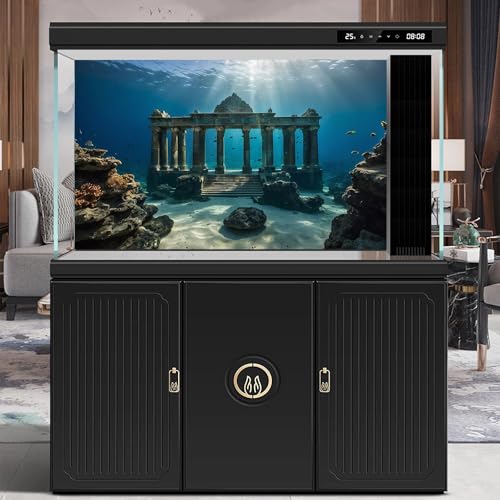 Under The Sea Scene Aquarium Background Tranquil Underwater Ancient Temple Fish Tank Background Deep Blue Sea Sunray Terrarium Backgrounds Blue Ocean Sunken Temple Reptile Tank Backgrounds 48x24in - color: Blue_Dark Brown, size: 48(W)x24(H)in