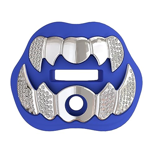 LeCool Football Mouth Guard with Connected Strap- 3D Beast Chrome Adult and Youth Mouth Guard-Mouth Piece for Sports for Maximum Air Flow and Teeth Protection - color: Blue-silver