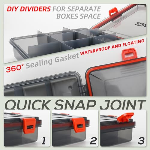 RUNCL Fishing Tackle Box, Waterproof Airtight Stowaway, 3600/3700 Tray Tackle Box with Adjustable Dividers, Plastic Storage Organizer(3700 and 2pcs smaller 3600)