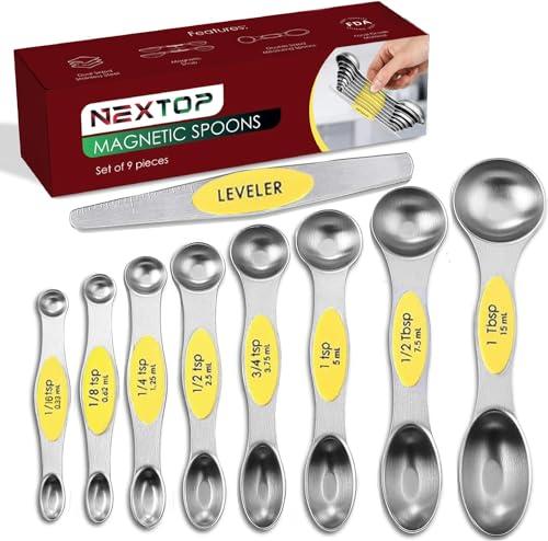 Magnetic Measuring Spoons Set of 9 Stainless Steel Dual-Sided Stackable Measuring Spoon Nesting Teaspoons Measuring Dry and Liquid Ingredients, Fits in Spice Jars Set of 9 (Yellow) - color: Yellow