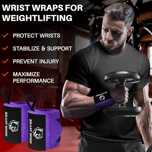 Elastic Cotton Weightlifting Wrist Wraps with Thumb Loops, 1 Pair - color: Purple, style: 18" – Beast Mode