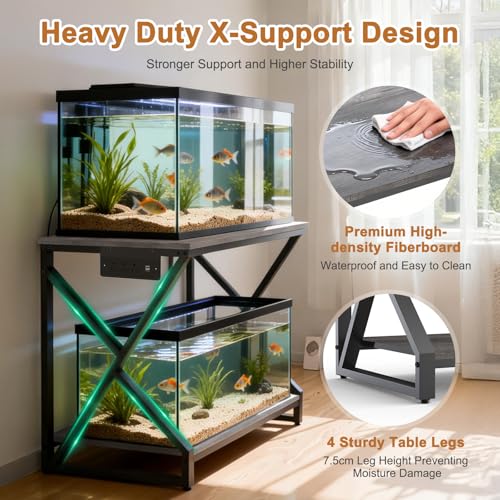 fishkeeper Heavy Duty Metal 50 Gallon Aquarium Stand with Charging Station, 2-Tier Storage Shelves with USB Ports and Outlets, 720LBS High Load Capacity Fish Tank Stand for Reptile/Turtle/Breeder Tank Stand