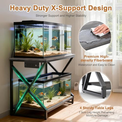 fishkeeper Heavy Duty Metal 50 Gallon Aquarium Stand with Charging Station, 2-Tier Storage Shelves with USB Ports and Outlets, 720LBS High Load Capacity Fish Tank Stand for Reptile/Turtle/Breeder Tank Stand