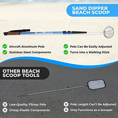 Full Size Beach Scoop Shovel & Sifter Tool for Beachcombing – Adjustable Sea Glass, Shell, Shark Tooth Sifter for the Beach – Can Be Used as a Walking or Hiking Stick Too – Blue, 4” Basket