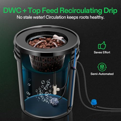 VIVOSUN DWC Hydroponics Grow System with Top Drip Kit, 5-Gallon Deep Water Culture, Recirculating Drip Garden System with Multi-Purpose Air Hose, Air Pump, and Air Stone (4 Buckets + Top Drip Kit)