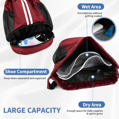 JELUTAR Drawstring Backpack Gym Bag with Shoes Compartment, Burgundy - color: Burgundy, size: Large
