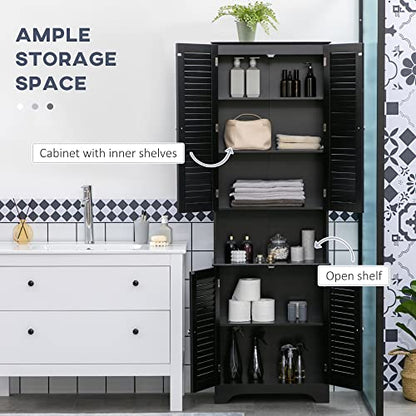 HOMCOM Tall Narrow Bathroom Storage Cabinet with Doors and Shelf Adjustability, Freestanding Linen Cabinet with 2 Cabinets and Countertop, Black