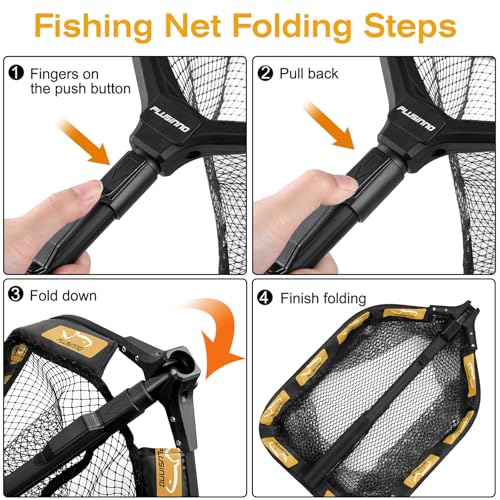 PLUSINNO Floating Fishing Net for Steelhead, Salmon, Fly, Kayak, Catfish, Bass, Trout Fishing, Rubber Coated Foldable Landing Net with Fixed or Telescoping Pole Handle, Fishing Gear and Gifts for Men