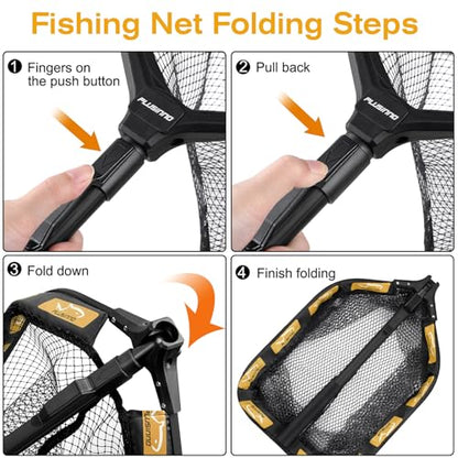 PLUSINNO Floating Fishing Net for Steelhead, Salmon, Fly, Kayak, Catfish, Bass, Trout Fishing, Rubber Coated Foldable Landing Net with Fixed or Telescoping Pole Handle, Fishing Gear and Gifts for Men