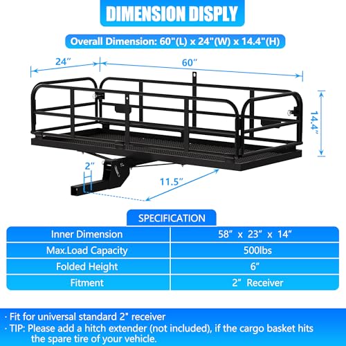 KAIRAY 500 Lbs Heavy Duty Hitch Mount Cargo Carrier 60" x 24" x 14.4" Folding Cargo Rack Rear Luggage Basket Fits 2" Receiver for Car SUV Camping Traveling - size: Hitch Cargo Basket only - 60" x 24" x 14.4"