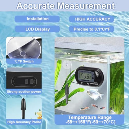 Fish Tank Cleaner Kit with Digital Thermometer, Gravel Vacuum for Aquarium, Aquarium Vacuum & Siphon, Fish Tank Cleaning Kit, Safe for Shrimp & Small Fish