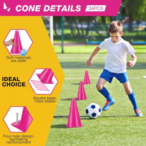 24pcs Cones 9 Inch Soccer Cones and Plastic Traffic Cones, Durable Cones for Sports Training, Ideal for Soccer, Basketball, Football, Skating, and Agility Drills Practice - color: pink