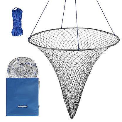Large Bridge and Pier Fishing Net 32''/39'' Hoop, Foldable Drop Net Pier Fishing for Saltwater with Rope, Landing Net with Nylon Mesh, Collapsible Soft Steel Ring - color: Gray, size: M: 32''×36''