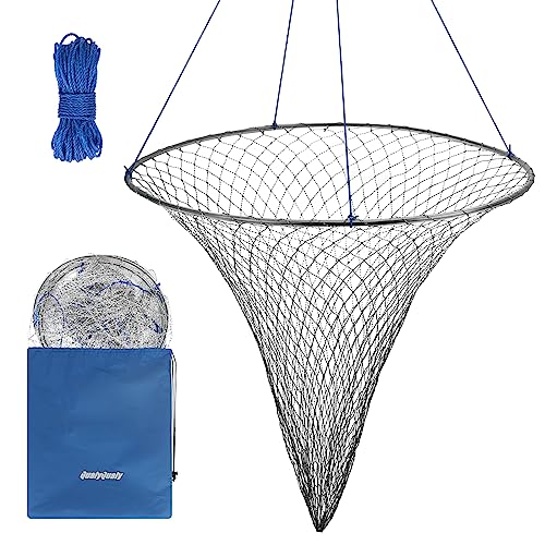 Large Bridge and Pier Fishing Net 32''/39'' Hoop, Foldable Drop Net Pier Fishing for Saltwater with Rope, Landing Net with Nylon Mesh, Collapsible Soft Steel Ring - color: Gray, size: M: 32''×36''