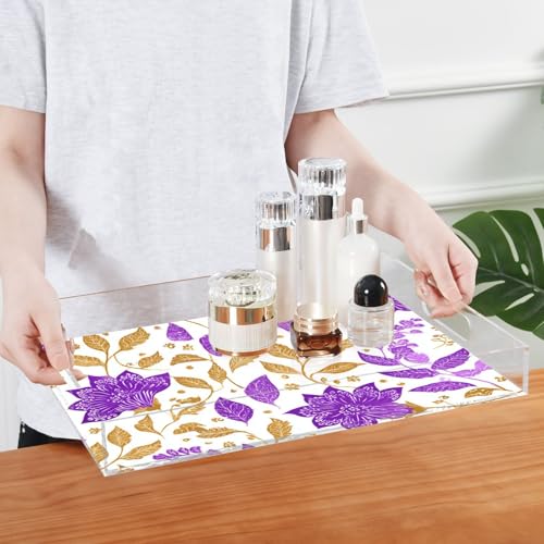 Acrylic Tray Clear Serving Vanity Ottoman Bathroom Coffee Table Countertop Organizer Raised Edge Spill Proof Purple Paisley Goild Leaf - color: Purple Paisley Goild Leaf