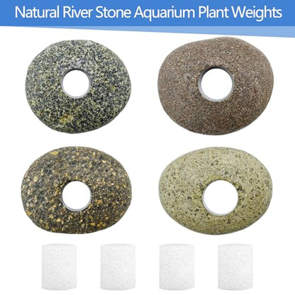 4PCS 0.8" Holes Natural River Stone Plant Weights for Aquarium，Pebble Aquatic Plants Fixed Ring for Aquatic Plants，Unique Shape & Size Decorative River Rock for Landscape Plant(