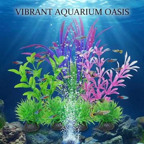 Aquatic Plants, 7pcs Vibrant Aquarium Decor Set, Realistic Plastic Water Plants Weighted Base Faux Fish Tank Greenery for Betta Goldfish Habitat and Small Tank Accessories
