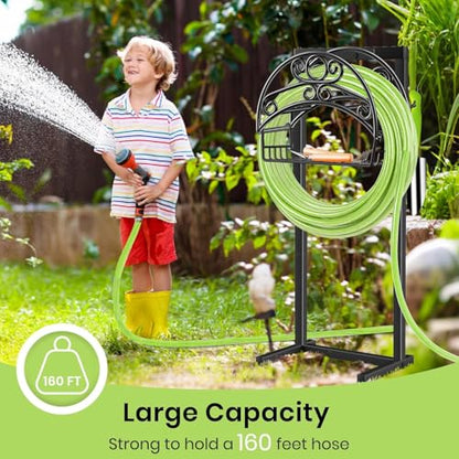 TomCare Garden Hose Holder Upgraded Water Hose Holder Heavy Duty 4 Spikes Hose Hanger Holds 160 Feet Hoses Stable Freestanding Hose Storage Organizer for Outside Yard - color: Black
